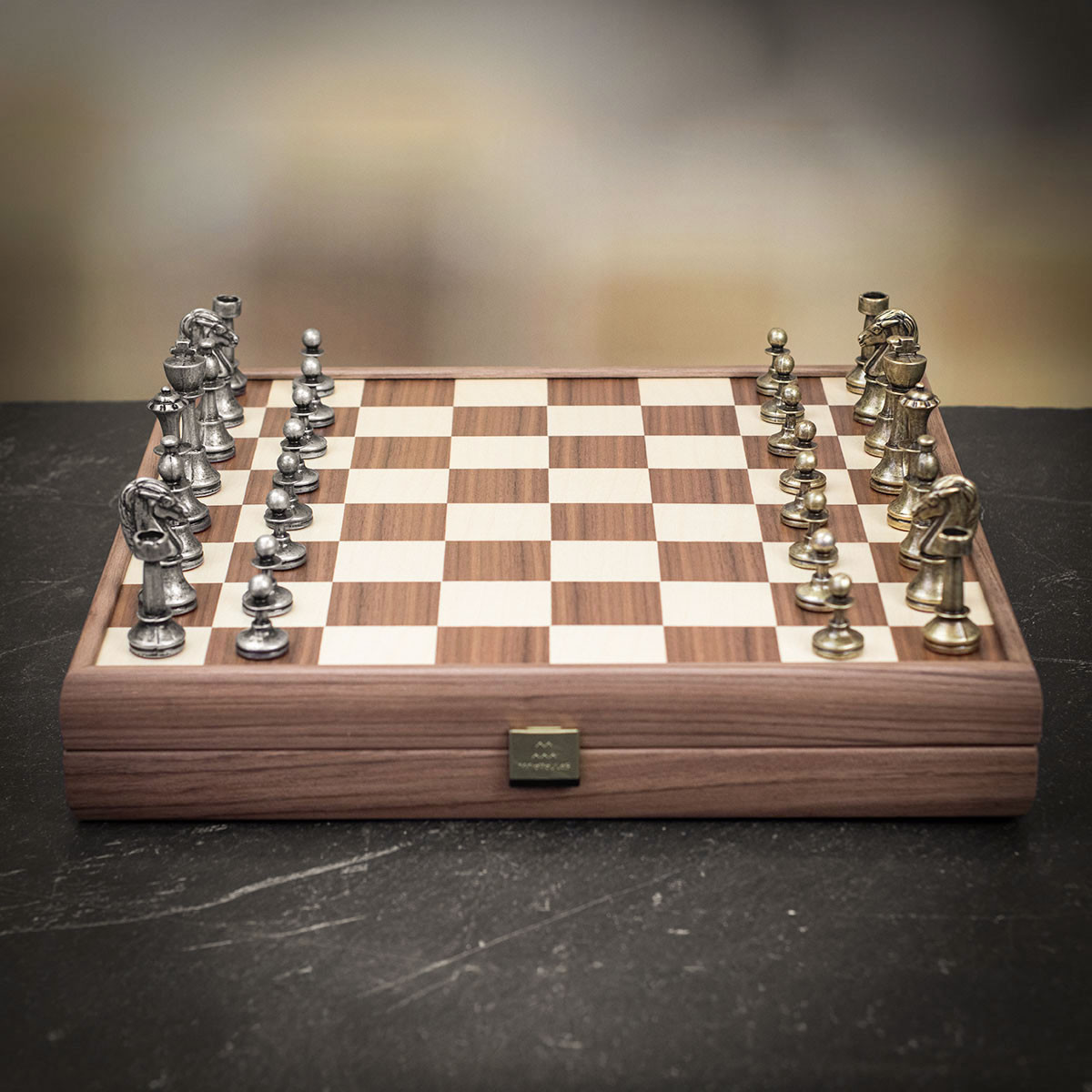 Gold factory and Oak Chess Set w/ Gold Plated Brass and Oak Chess Pieces & Board